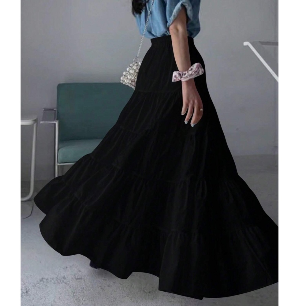 Boho Solid High Waist Stretchy waist maxi Skirt